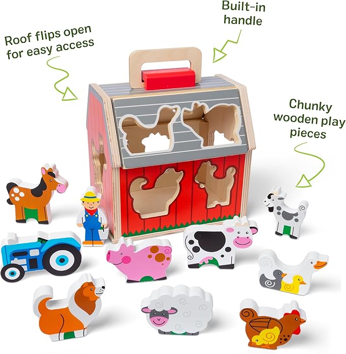 Take-Along Wooden Toy Barn, 11-Pc Portable Toddler Playset with Farm Animals & Pop-Up Roof, Preschool Learning Toys for Girls & Boys 2+