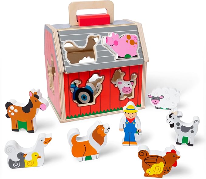 Take-Along Wooden Toy Barn, 11-Pc Portable Toddler Playset with Farm Animals & Pop-Up Roof, Preschool Learning Toys for Girls & Boys 2+