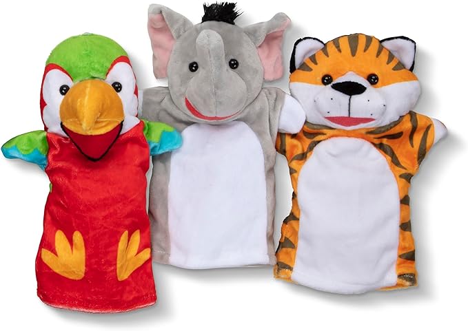 Hand Puppets, Set of 6 (Elephant, Tiger, Parrot, Giraffe, Monkey, Zebra) Soft, Plush Puppet, Stuffed Animals, Pretend Play Toddler Toys for Girls & Boys 2+